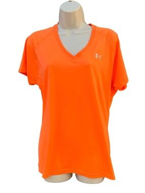 Under ARMOUR Women's XL  V Neck Heat Gear Orange Active Workout Short Sleeve Top
